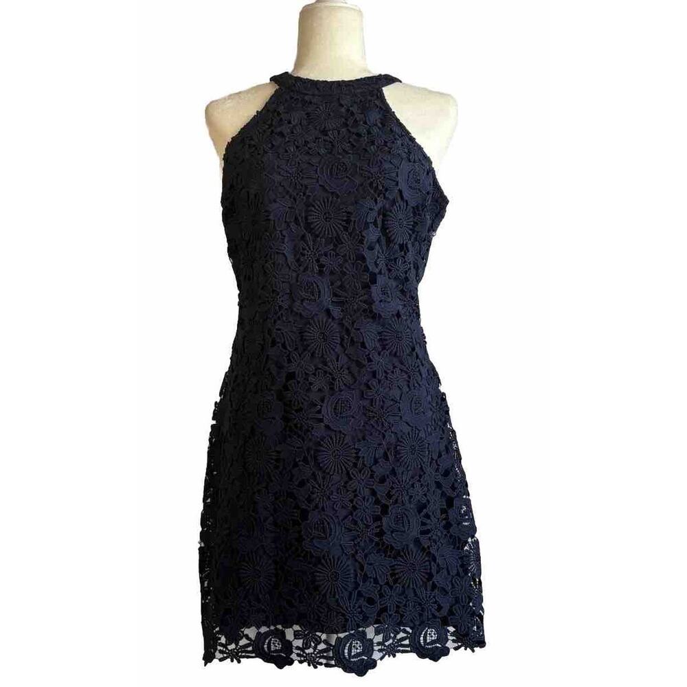 Lulus Love Poem Sz L Navy Blue Halter Neck Crochet Lace Cocktail Mini Dress
